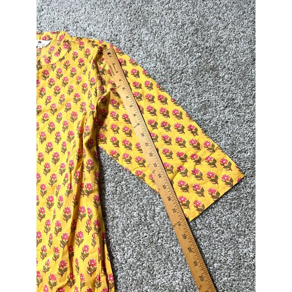 Meesan Womens Sz XL Yellow Floral Print Knee-Length Cotton Kurta With 3/4 Sleeve - Picture 8 of 10